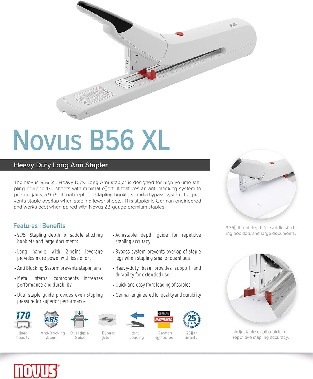 Novus B56 XL 023-0062 Heftgerät mit langem Arm, 20–170 Blatt Kapazität, 24,8 cm Hefttiefe, Anti-Jam,