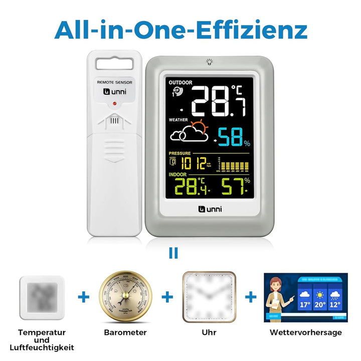 U UNNI Funk Wetterstation mit Aussensensor Batterien oder USB betrieben, Wettervorhersage Funkwetter