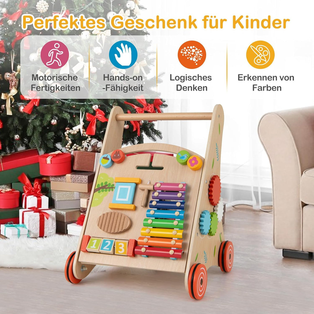 COSTWAY Lauflernhilfe Holz, Baby Lauflernwagen mit Griff, Stauraum und Rädern zum Schieben und Ziehe