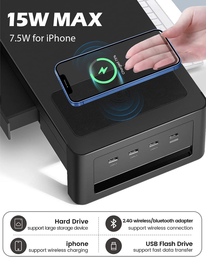 Meatanty 3 in 1 Dual Monitorständer mit 2 Schubladen, 1 kabelloses Lademodul und 4 USB Anschlüssen,