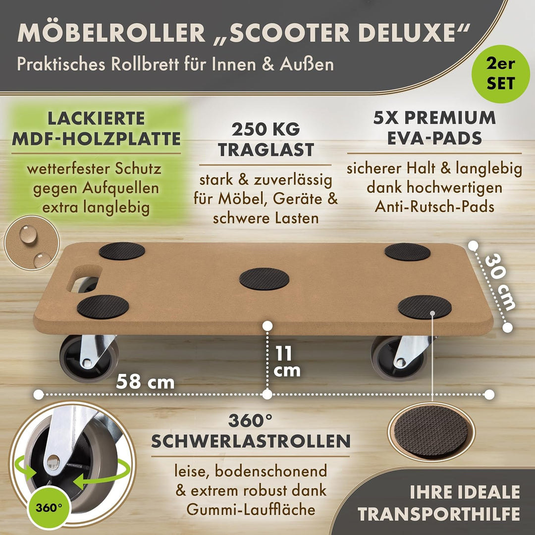 2er Set Möbelroller SCOOTER DELUXE 58x30x11cm - 250kg Traglast lackiertes Rollbrett Transportroller