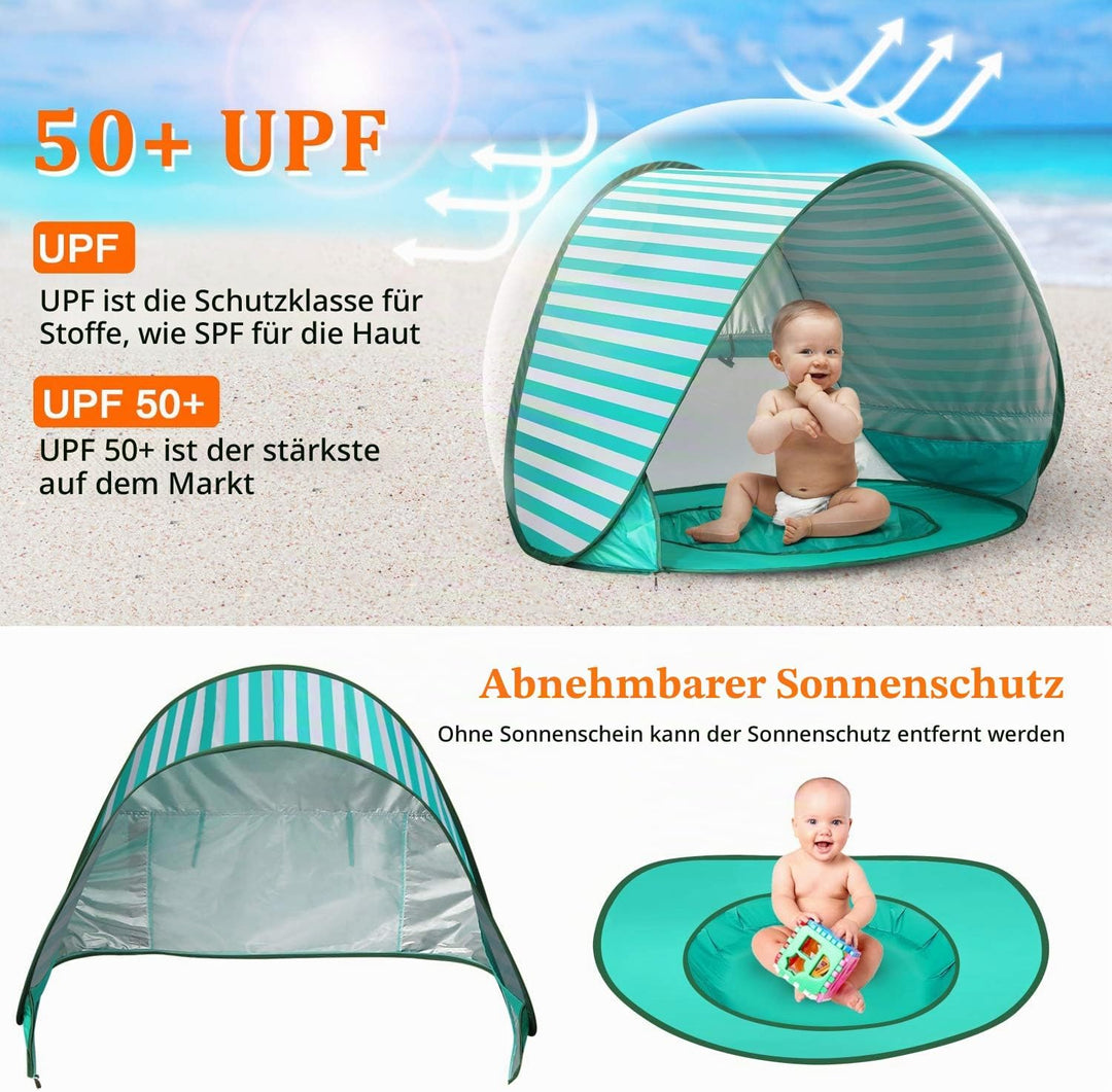 Baby Strandmuschel Pop Up Sonnenschutz Strand mit Minipool, Strandzelt UV Schutz, Atmungsaktiv Porta