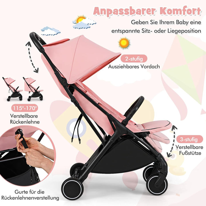 COSTWAY Kinderwagen klappbar, Reisebuggy mit Liegefunktion, Kinderbuggy tragbar mit verstellbarer Rü