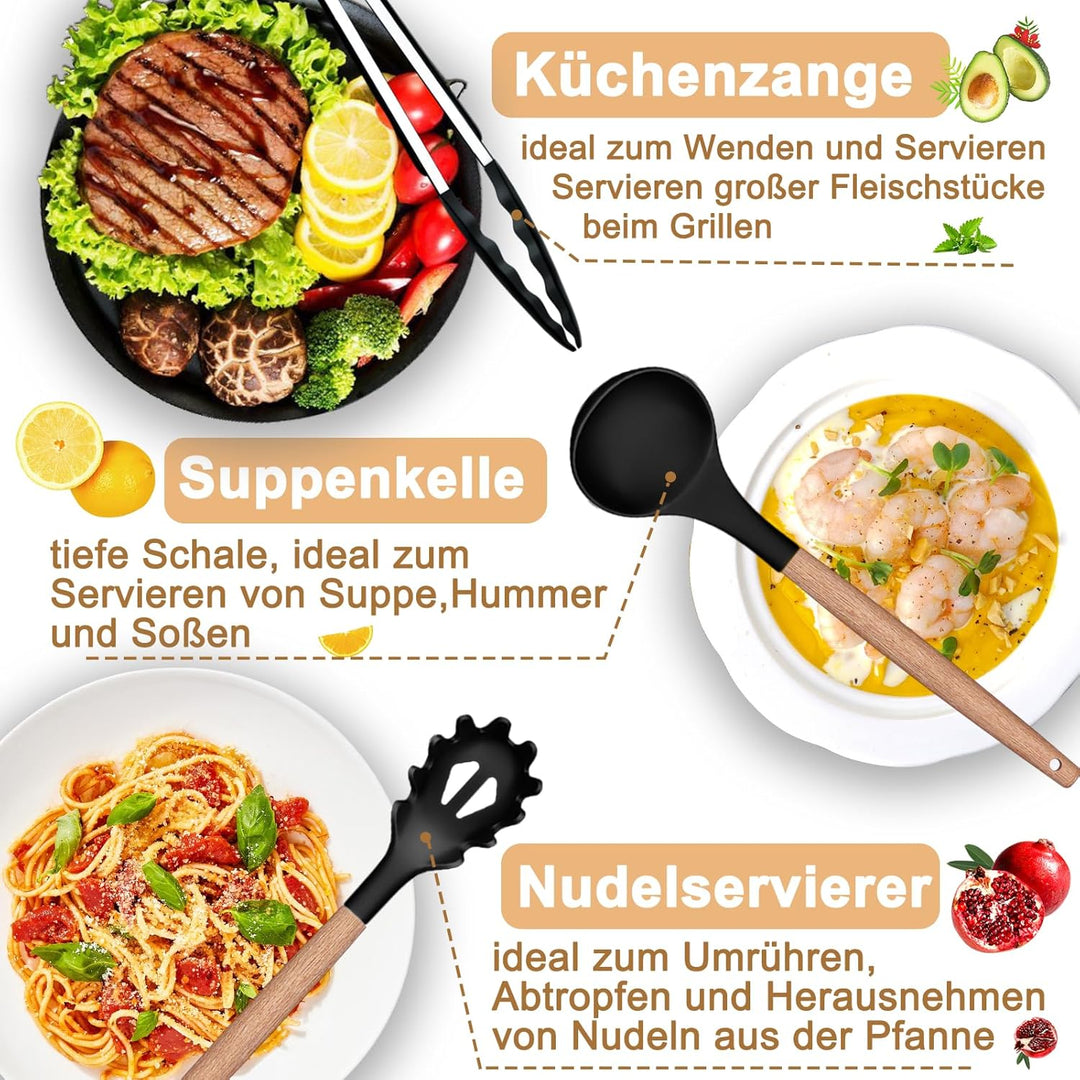 Küchenhelfer Set, 26 Stück Silikon Kochutensilien Kochbesteck, Hitzebeständiger Kochgeschirr mit Ute