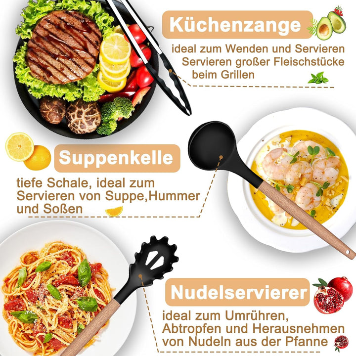 Küchenhelfer Set, 26 Stück Silikon Kochutensilien Kochbesteck, Hitzebeständiger Kochgeschirr mit Ute