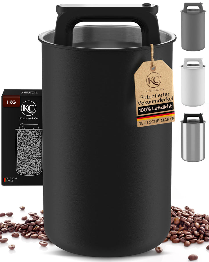 Kaffeedose luftdicht für 1 kg Kaffeebohnen mit Vakuumdeckel (Behälter für Kaffee, Tee, Edelstahl Dos