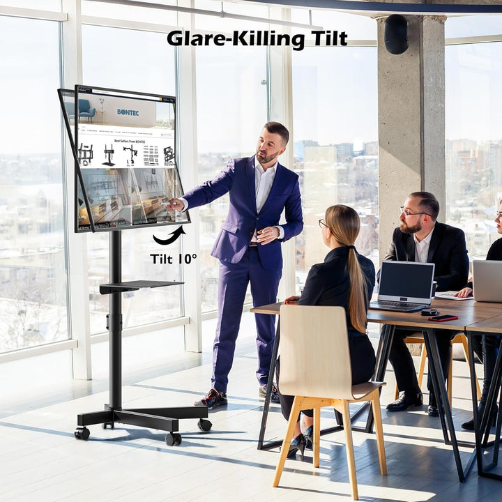 BONTEC Mobiler TV Ständer auf Rollen, Neigbar, Höhenverstellbarer Rollbarer TV Wagen mit Medienablag