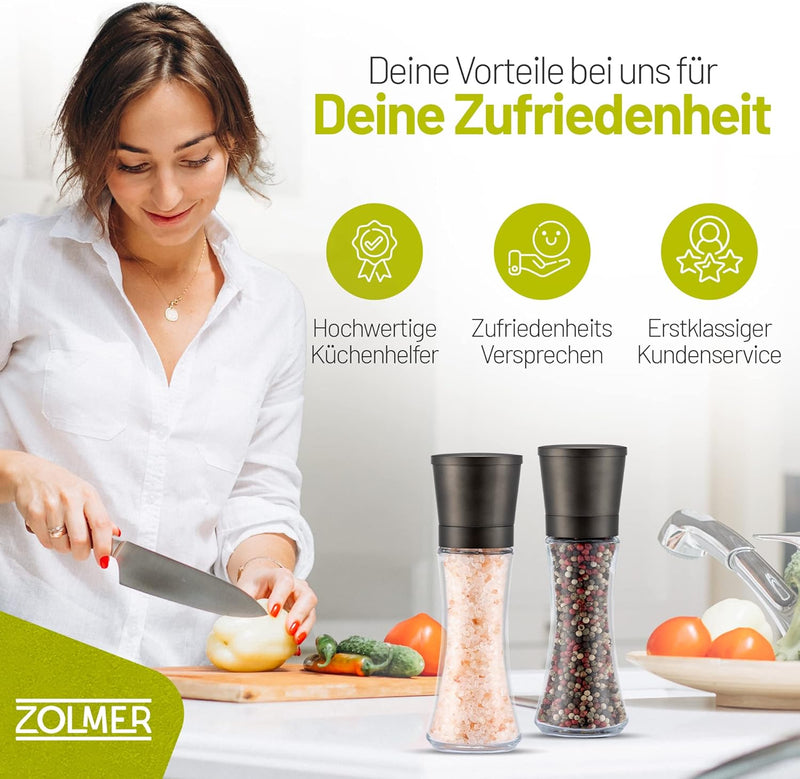 ZOLMER® Gewürzmühlen 2er Set mit verstellbarem Keramikmahlwerk – Edle Salzmühle & Pfeffermühle aus h