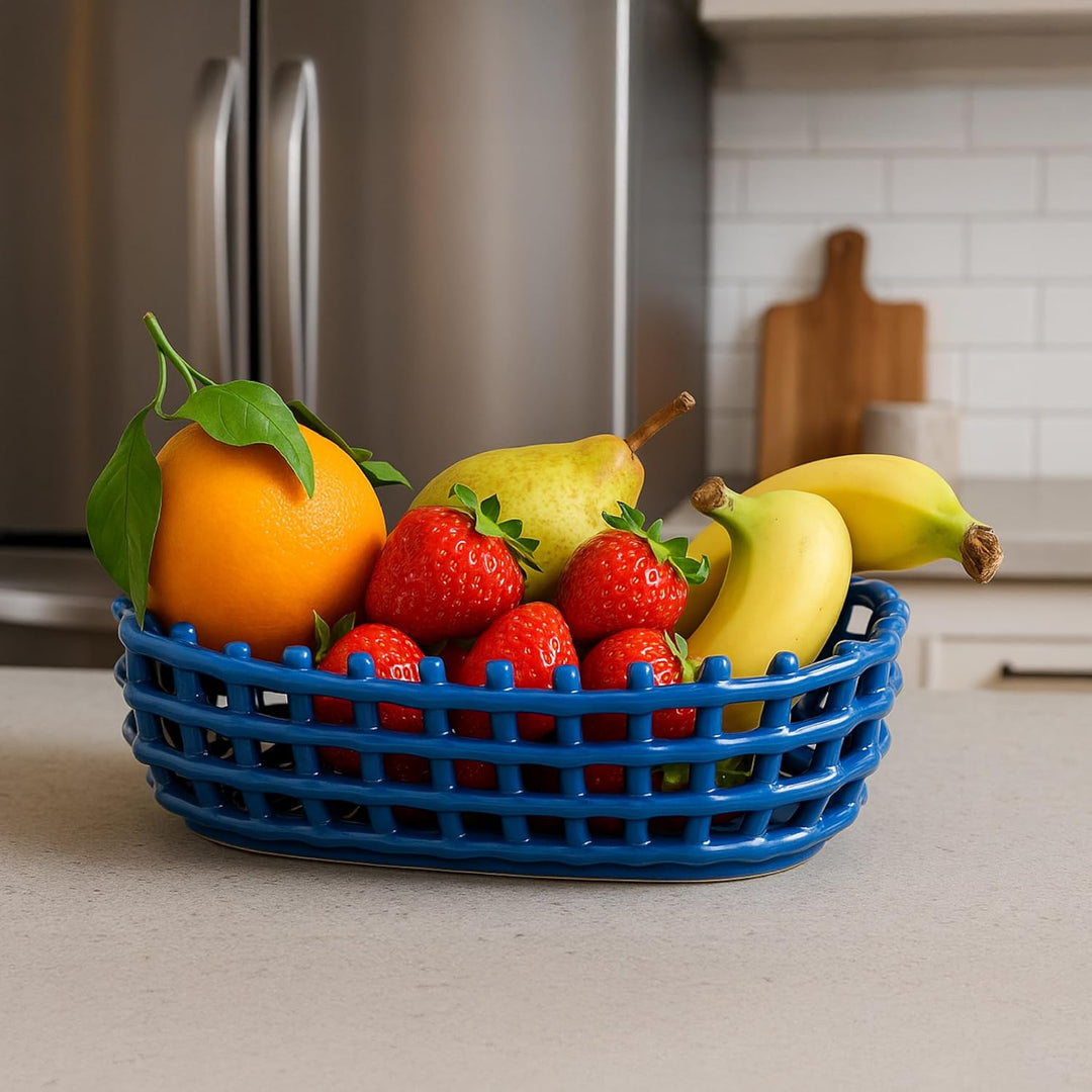 Baroni Home Geflochtener Mehrzweckkorb aus Keramik, Obstkorb, Tischdeko, Taschenleerer, rechteckig,
