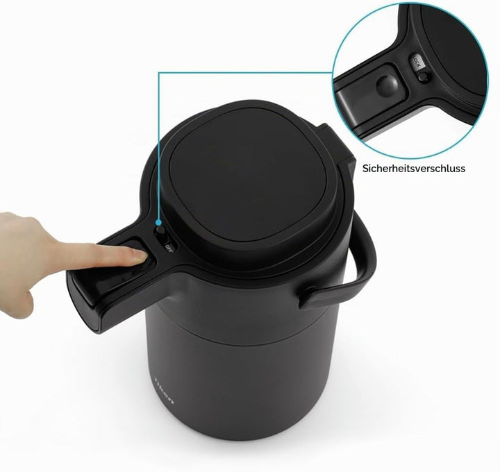 Tiken 3L Pumpkanne Thermoskanne Edelstahl Doppelwandige Vakuum Isolierkanne Schwarz 3000 ml, Schwarz