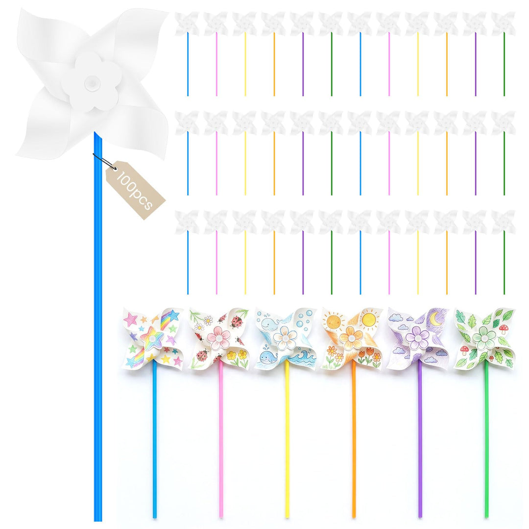100 Stück DIY Windräder Bastelset, Bunte Regenbogen Windmühle aus Kunststoff &amp; Papier, Wetterfeste W