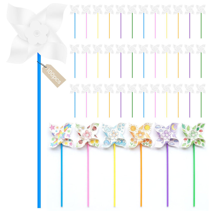 100 Stück DIY Windräder Bastelset, Bunte Regenbogen Windmühle aus Kunststoff &amp; Papier, Wetterfeste W