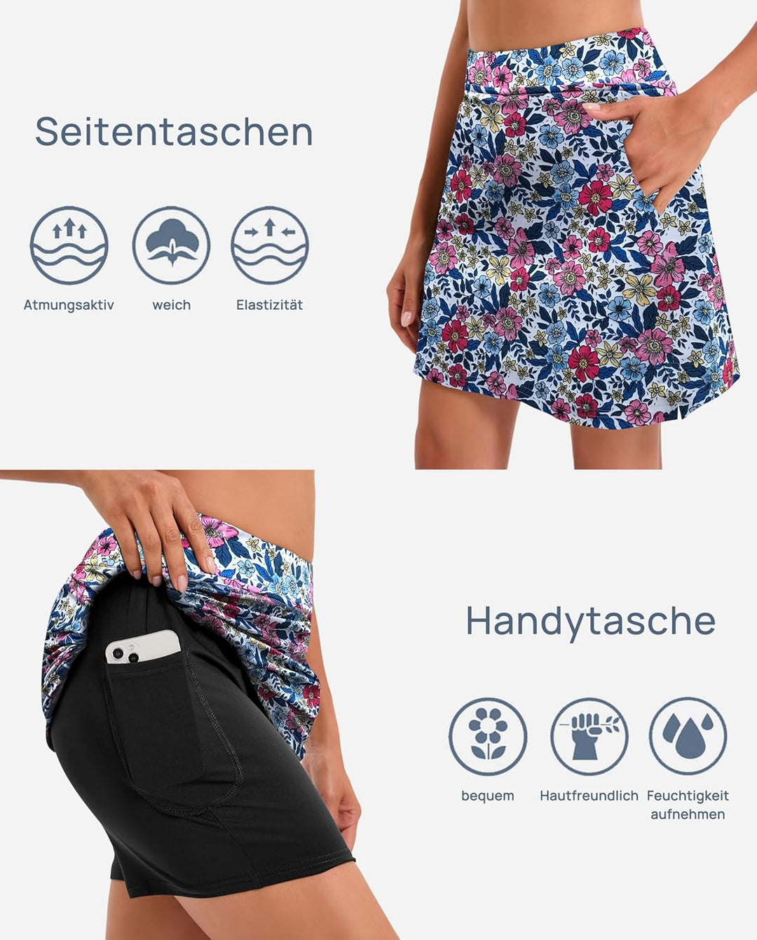 Timuspo Damen Tennisrock mit Hose Kurze Hosenrock mit Taschen Sommer Sports Skort für Golf Wandern L