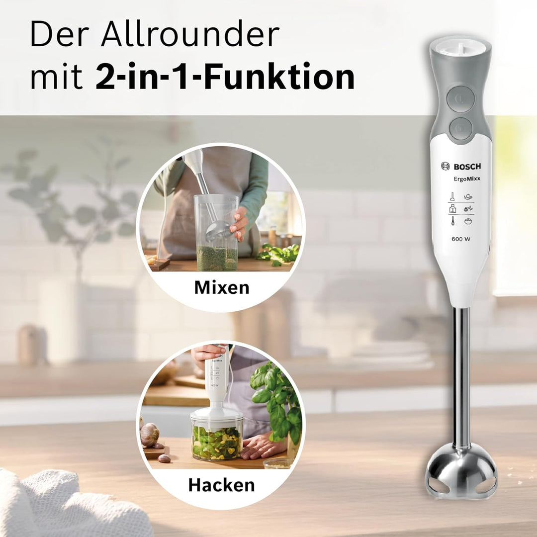 Bosch Stabmixer ErgoMixx MSM66120, Edelstahl-Mixfuss, Mix- und Messbecher, 4-Klingen-Messer, ergonom