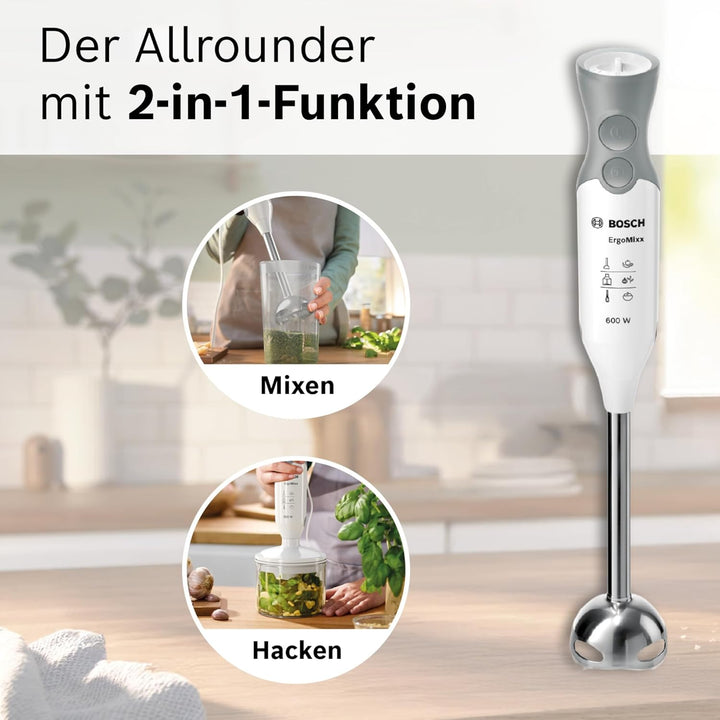Bosch Stabmixer ErgoMixx MSM66120, Edelstahl-Mixfuss, Mix- und Messbecher, 4-Klingen-Messer, ergonom