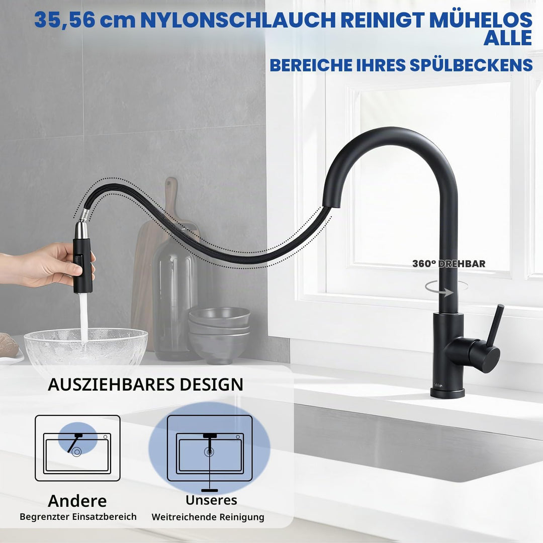 Tohlar Wasserhahn Küche Schwarz, Edelstahl Küchenarmatur, 360° Schwenkbar Spültischarmatur mit Braus