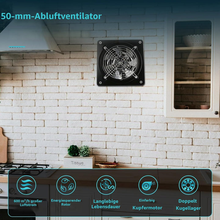 150mm Abluftventilator 600m³/h, Leiser mit Schalter, Stecker, Rückstauklappe, 40W Industrieller Wand