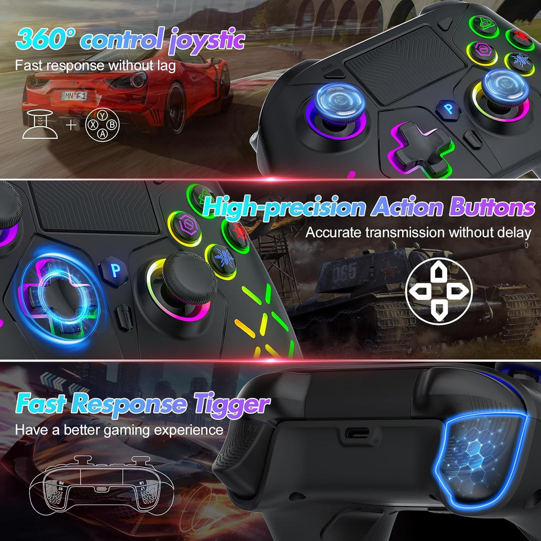 Bonacell RGB Wireless Controller für Ps5/PC/P4, Motor-Vibration/6-Achsen-Sensor/Turbo/3,5-mm-Audiobu