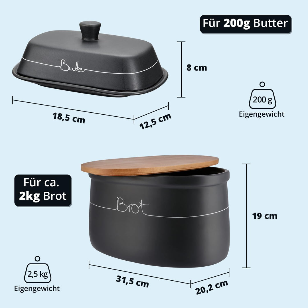 KHG Brotkasten Butterdose Set 2-teilig, Keramik Steingut poliert, Anthrazit Grau, Holz Deckel Bambus