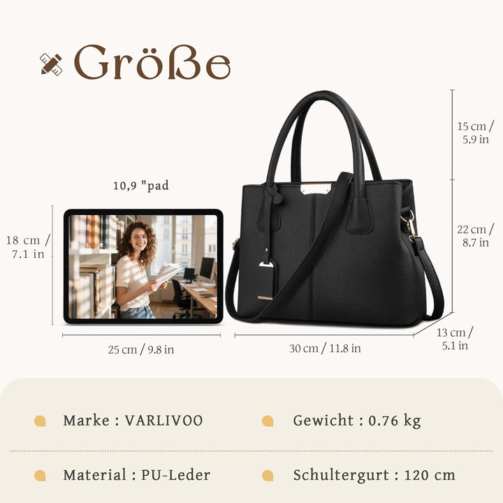 VARLIVOO Elegant Damen Handtasche Schultertasche Frauen Umhängetasche Taschen Shopper Wasserdicht PU