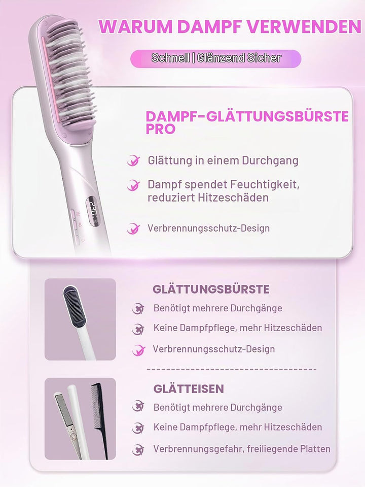 SHEGLAM Dampf-Glättbürste, 3-in-1 Dampf-Heizkamm | Verbrühungssicherer Nano-Dampf, 3 Einstellbare Da