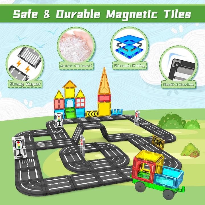 Magnetische Bausteine,Magnet Fliesen Spiel Stadt Strassen,STEM Lern Spielzeug für 3+ Jahre alt Junge