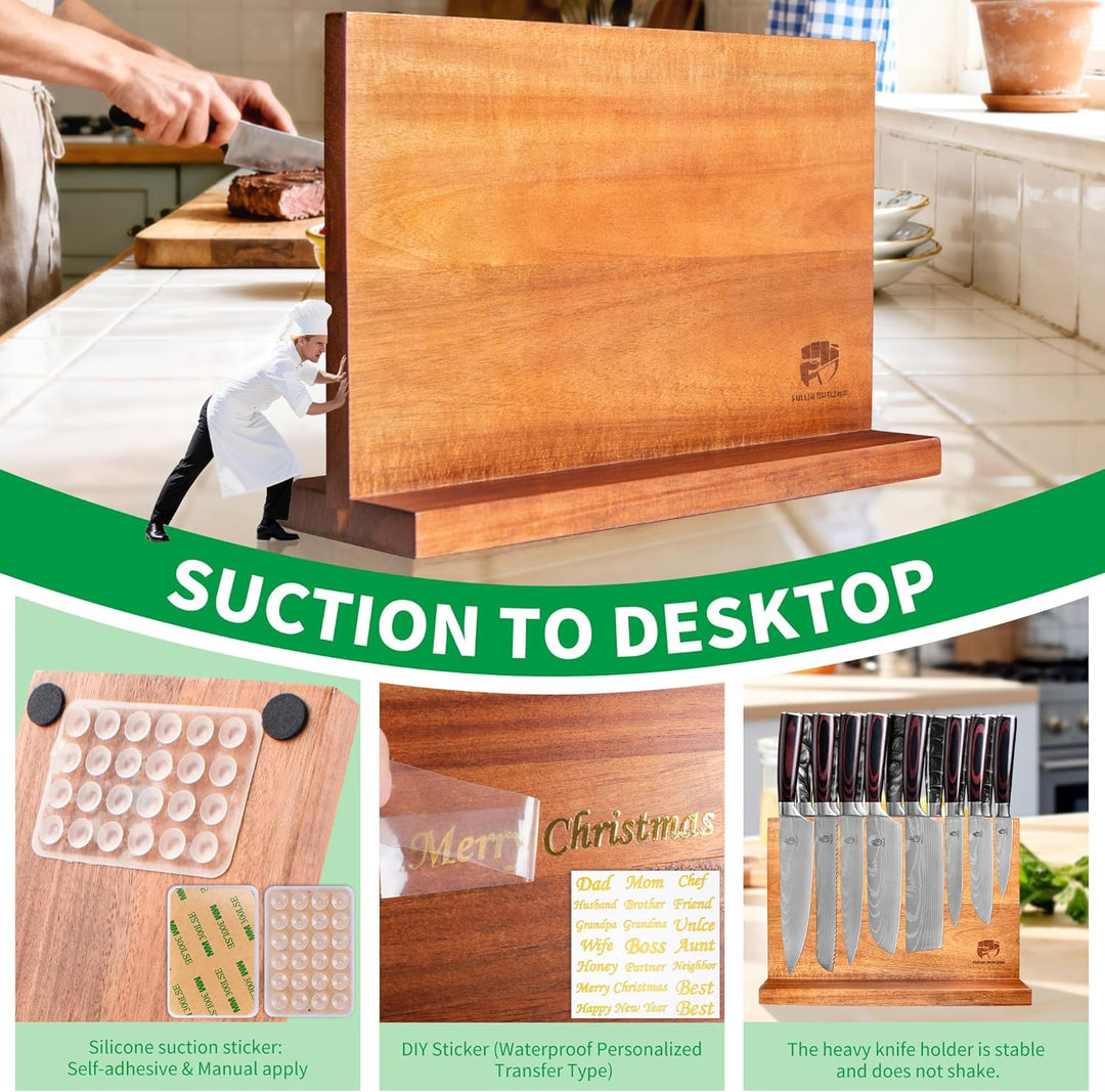 FULLHI Doppelseitige grosse magnetische Messerblock Akazienholz Messer Set Halter Stand mit Stronge