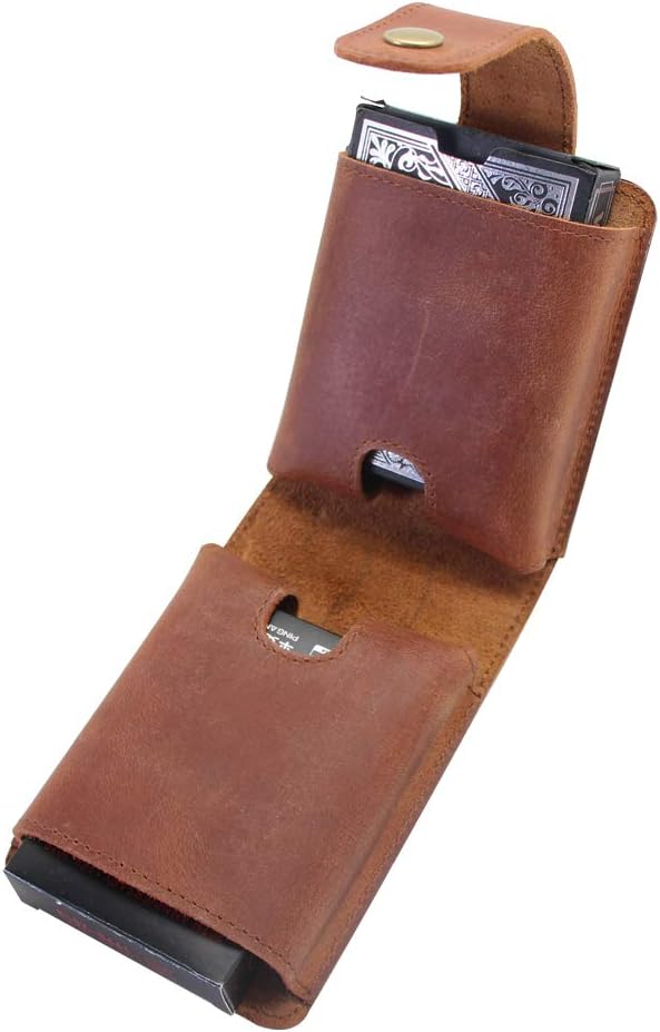 boshiho Spielkartenetui, Echtes Leder Doppelkartendeckhalter Box（Brown）