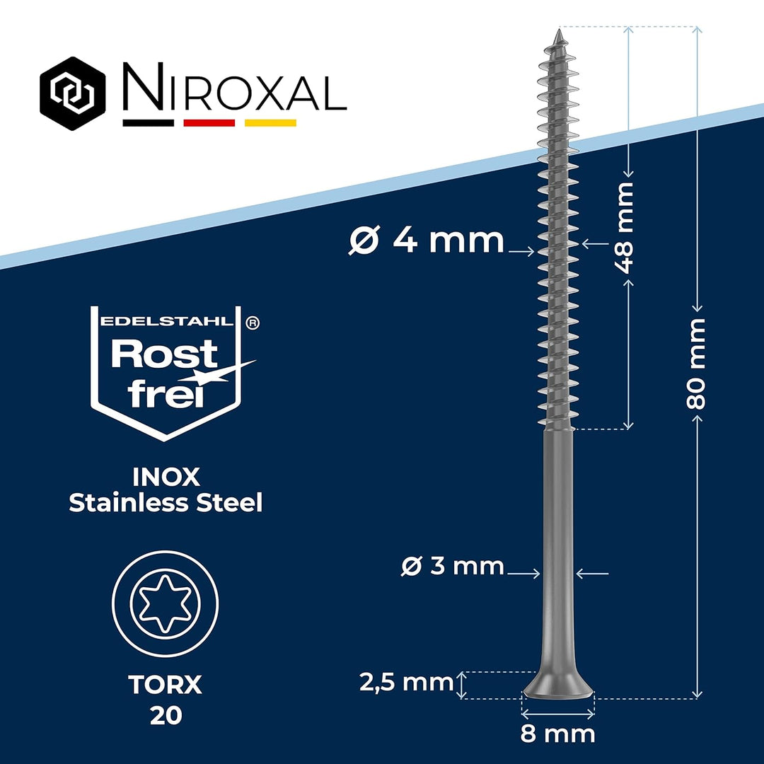Schrauben Torx Edelstahlschrauben 4x80 Edelstahl V2A rostfrei Spanplattenschrauben für Holz Teilgewi