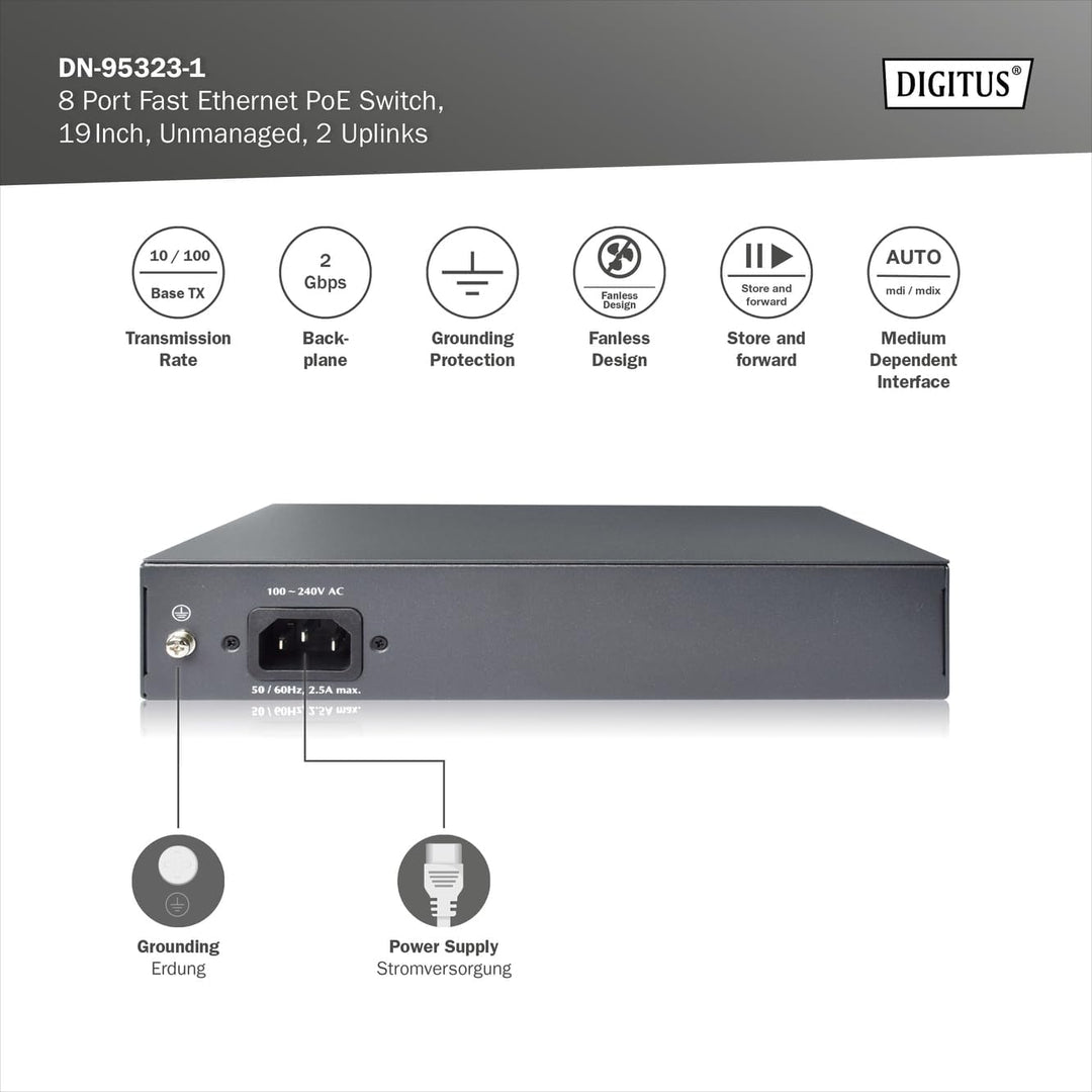 DIGITUS Fast Ethernet PoE+ Switch - 19 Zoll - 8 Ports + 2X Uplink RJ45 - IEEE802.3af/at - 120W Power