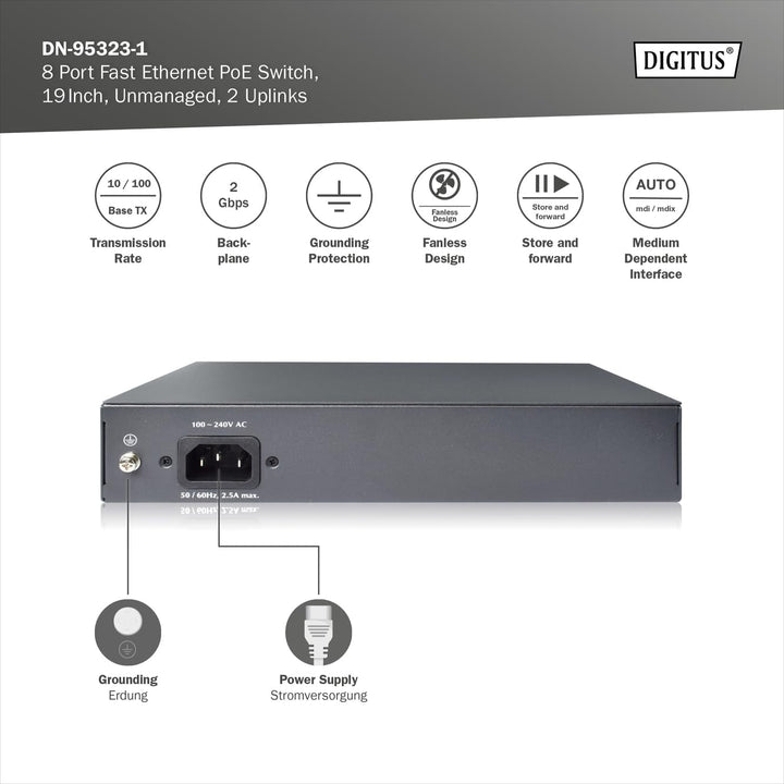 DIGITUS Fast Ethernet PoE+ Switch - 19 Zoll - 8 Ports + 2X Uplink RJ45 - IEEE802.3af/at - 120W Power