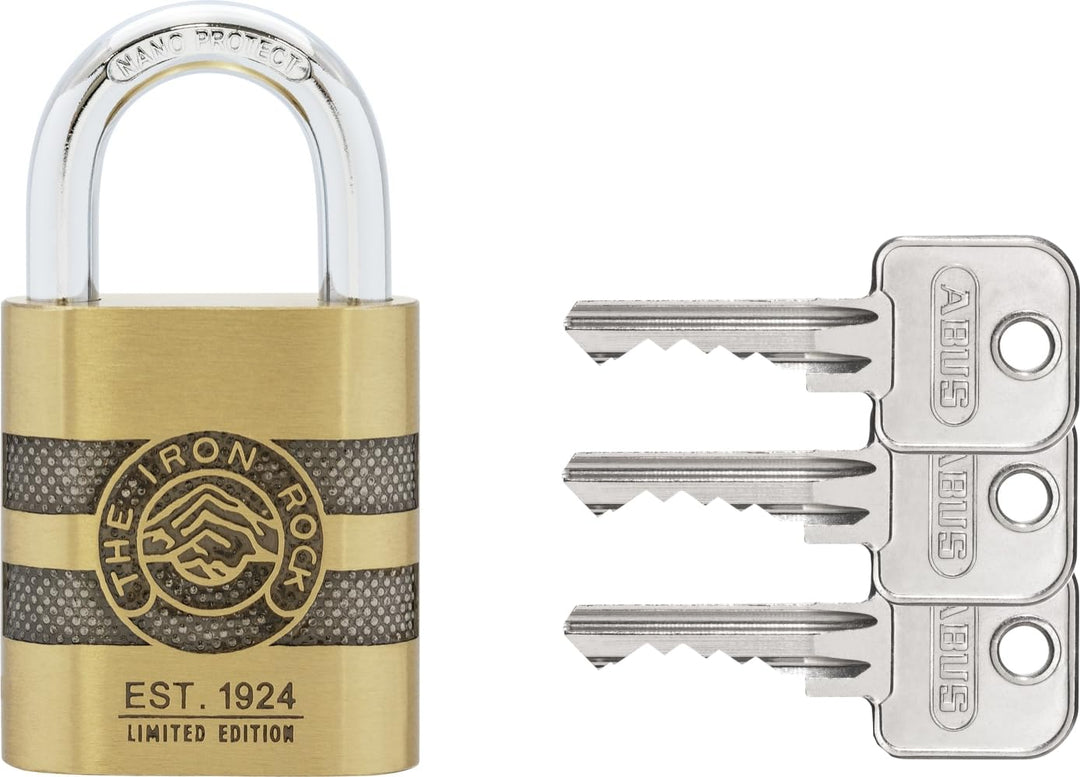 ABUS Vorhängeschloss Messing 83/45 IRON ROCK Jubiläumsschloss mit 3 Schlüssel vs. - gehärteter Stahl