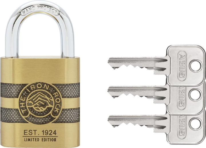 ABUS Vorhängeschloss Messing 83/45 IRON ROCK Jubiläumsschloss mit 3 Schlüssel vs. - gehärteter Stahl