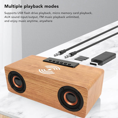 Tbest Digitaler Holzwecker, Holz-Bluetooth-Lautsprecher, Wecker mit FM-Radio, Kabelloses Handy-Ladeg