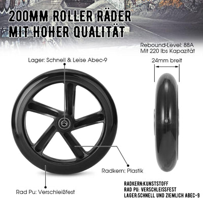 200mm Scooter Rollen - 2 Stück 200mm City Scooter Ersatzräder räder mit ABEC9 Kugellager - Cityrolle
