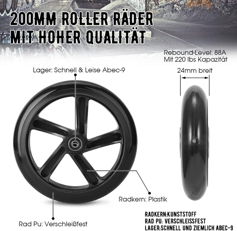 200mm Scooter Rollen - 2 Stück 200mm City Scooter Ersatzräder räder mit ABEC9 Kugellager - Cityrolle
