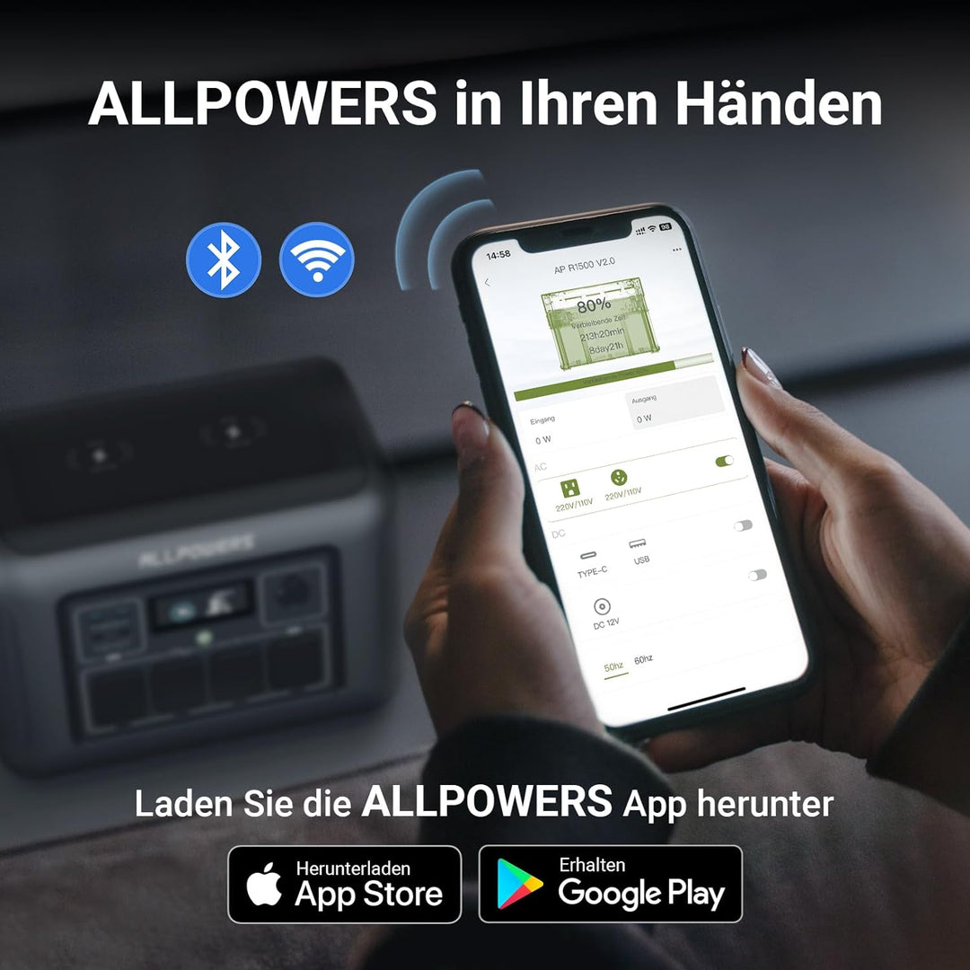 ALLPOWERS R1500 Tragbare Powerstation mit 200W Solarpanel, 1152Wh LiFePO4 Batterie mit 1800W AC Ausg