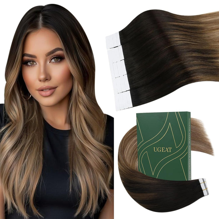 Ugeat 45cm Tape Extensions Echthaar Remy Balayage Braun bis Mittelbraun und Goldbraun Haar Extension