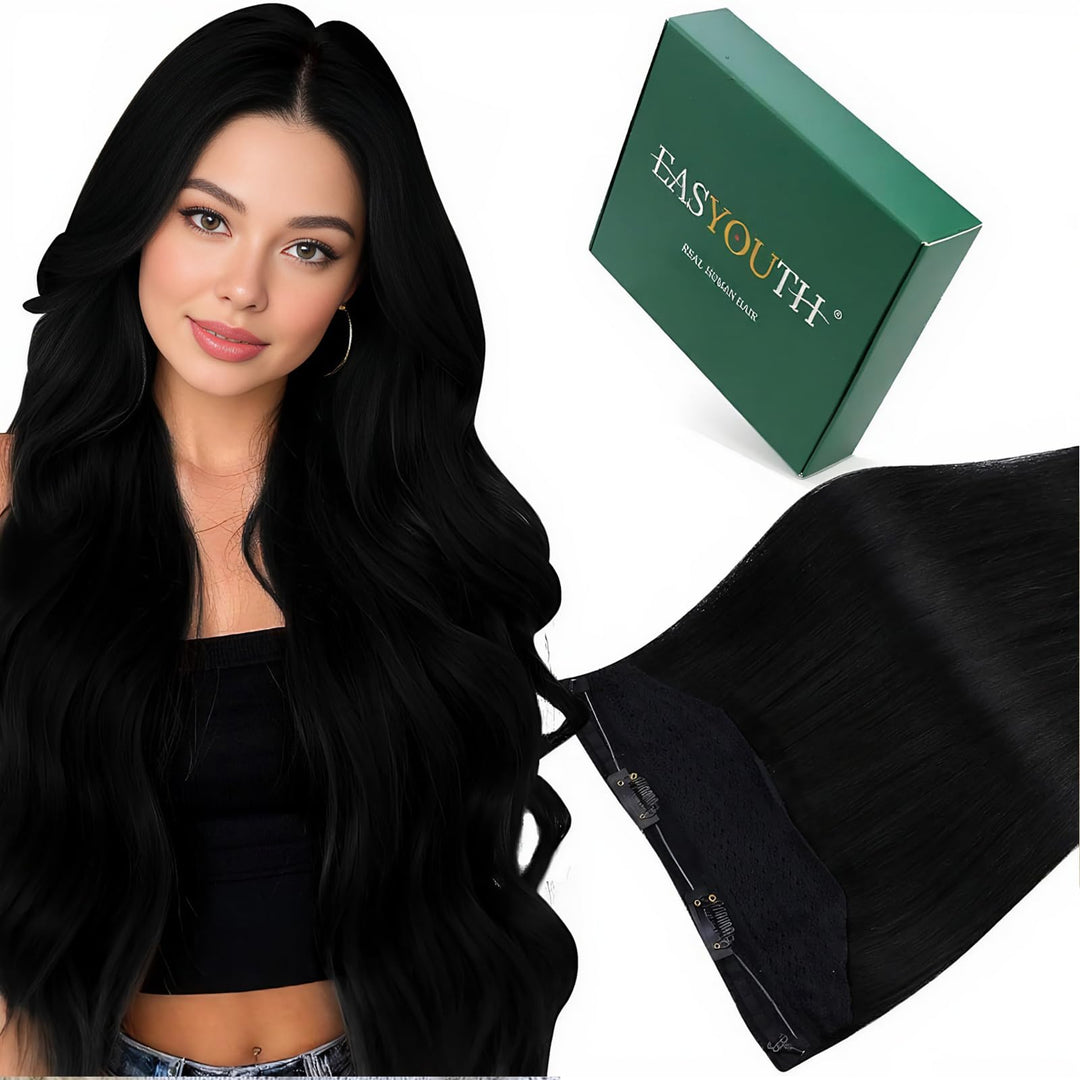 Easyouth Draht Extension Echthaar Schwarz Wire Extension Echthaar 16 Zoll 80g Haarteil mit Draht Ext