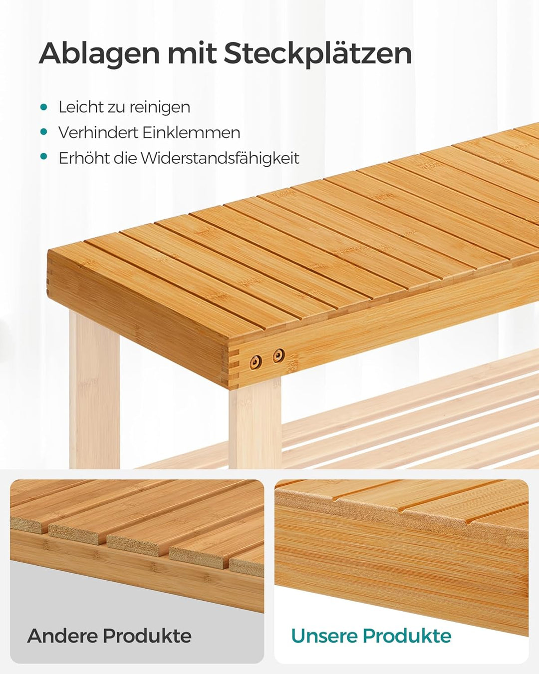 SONGMICS Schuhregal, Schuhschrank mit Sitzbank, Bambus Schuhbank mit 3 Ablagen, 70 x 28 x 45 cm idea
