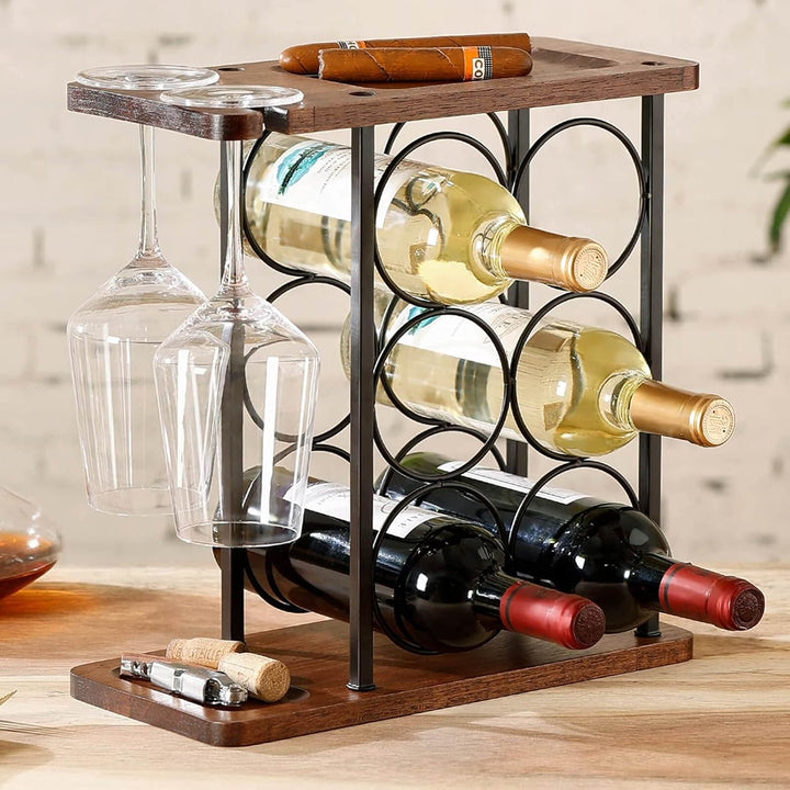 Weinregal mit Glashalter, Tisch-Weinhalter mit Tablett, Freistehendes Weinregal aus Holz, perfekt fü