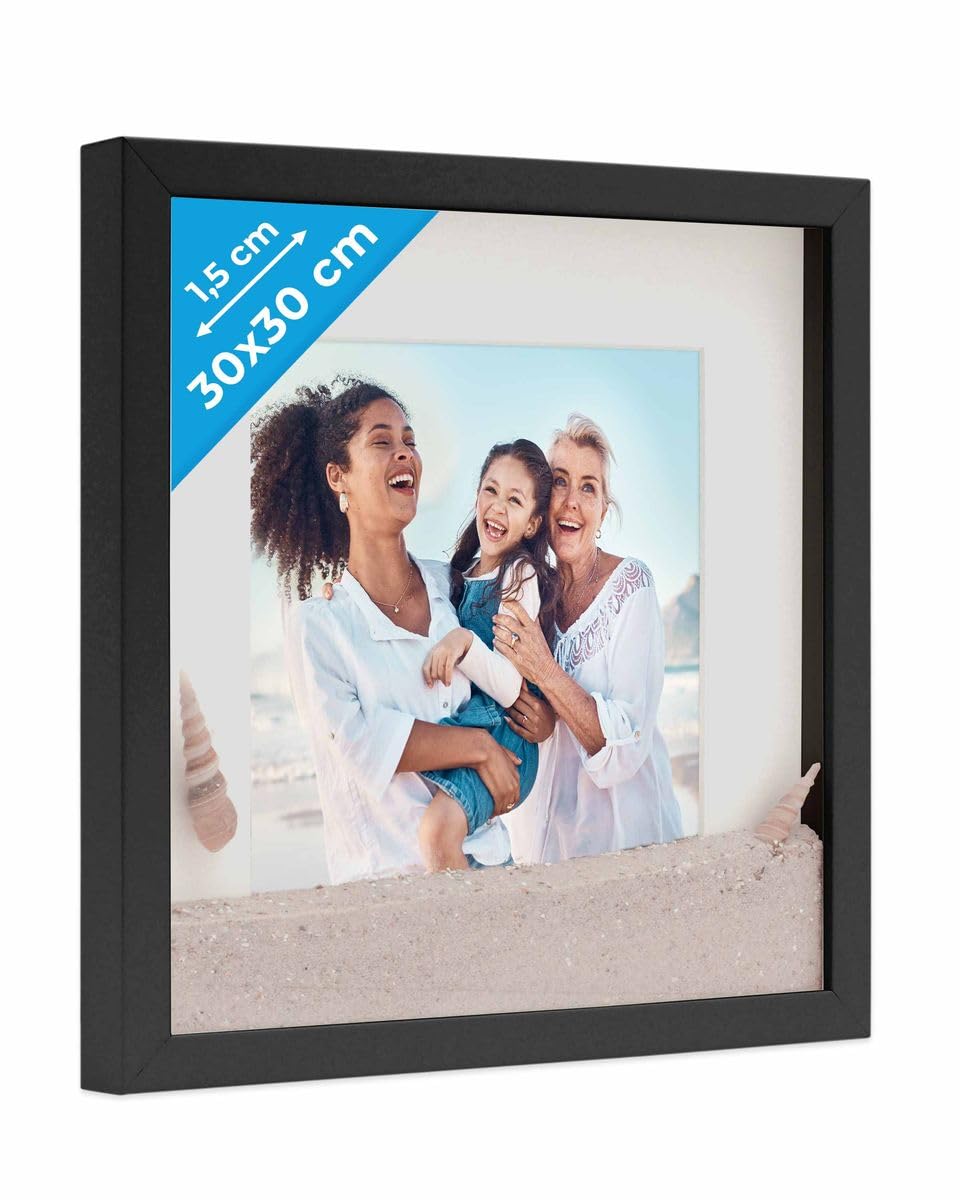 PHOTOLINI 3D Bilderrahmen zum Befüllen 30x30 Schwarz gross, 1,5 cm tiefer Objektrahmen mit Glas, tie