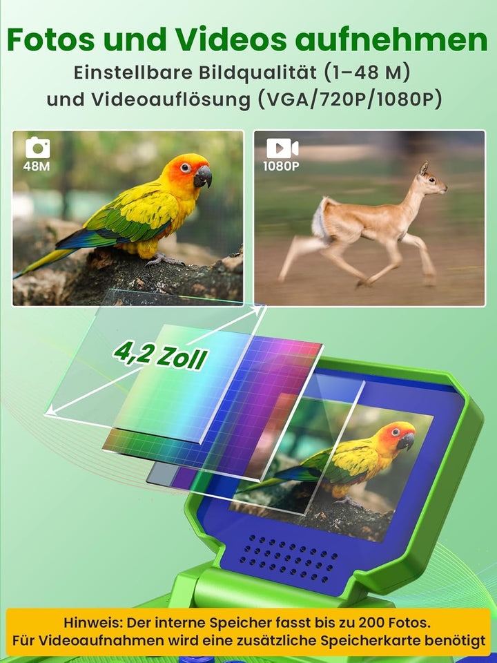 Acoath Fernglas für Kinder, 10-facher Optischer Zoom mit Nachtsich, Kamera mit Foto- & Videofunktion