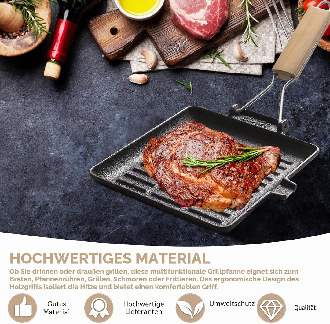 Grillpfanne Induktion: Steakpfanne Gusseisen mit Abnehmbarer Griff, 20 x 20 cm Antihaft Beschichtet
