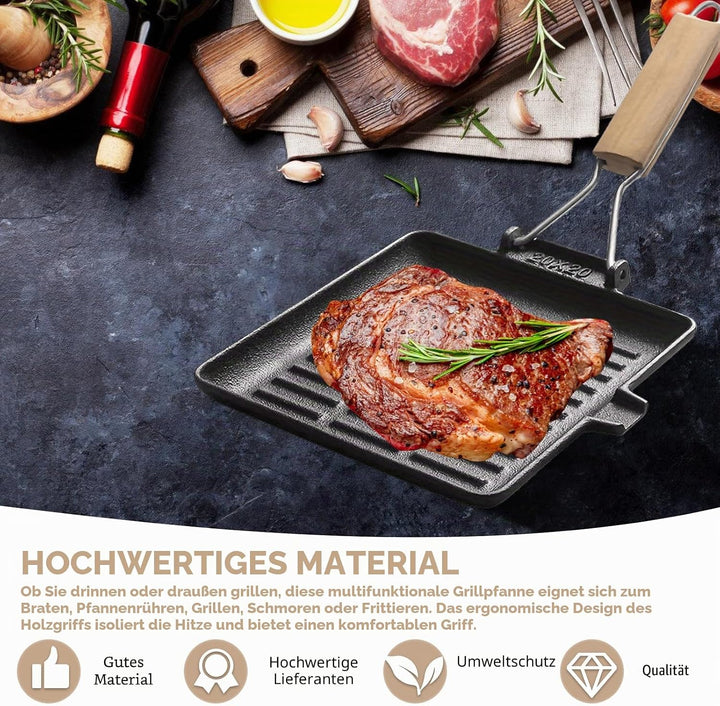 Grillpfanne Induktion: Steakpfanne Gusseisen mit Abnehmbarer Griff, 20 x 20 cm Antihaft Beschichtet