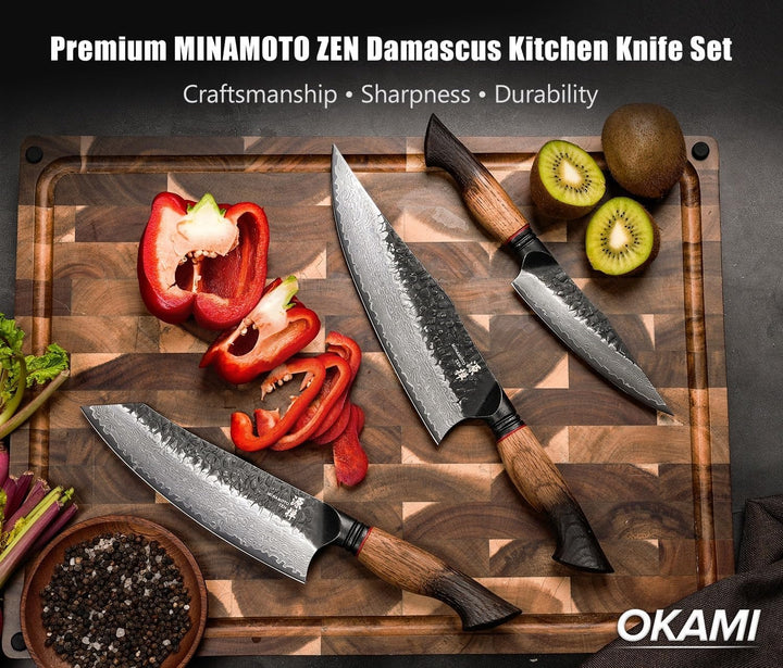 Okami Damastmesser Set (3-teilig) – Echter 67-Lagen-Damaststahl aus VG10 – Japanische Premium-Schmie