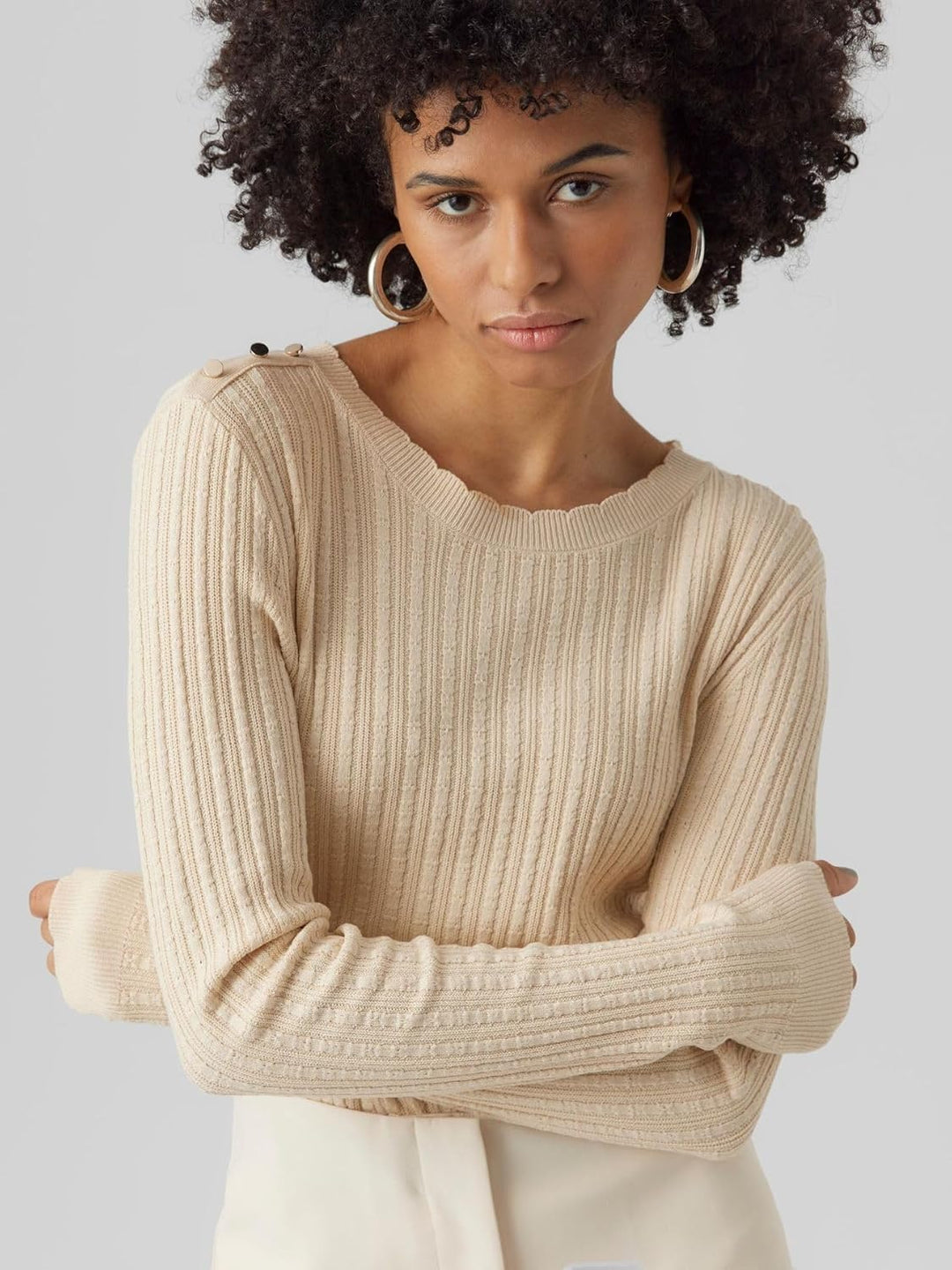 VERO MODA Damen Vmglory Ls O-Neck Button Ga Boo Pullover S Birch/Detail:w. Gold Buttons, S Birch/Det