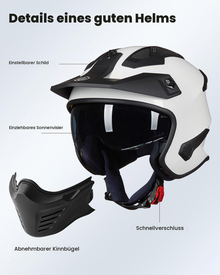 ILM Helm Motorrad Integralhelm Motocross Herren Damen Vintage Retro mit Visier ECE Model 726X L Weis