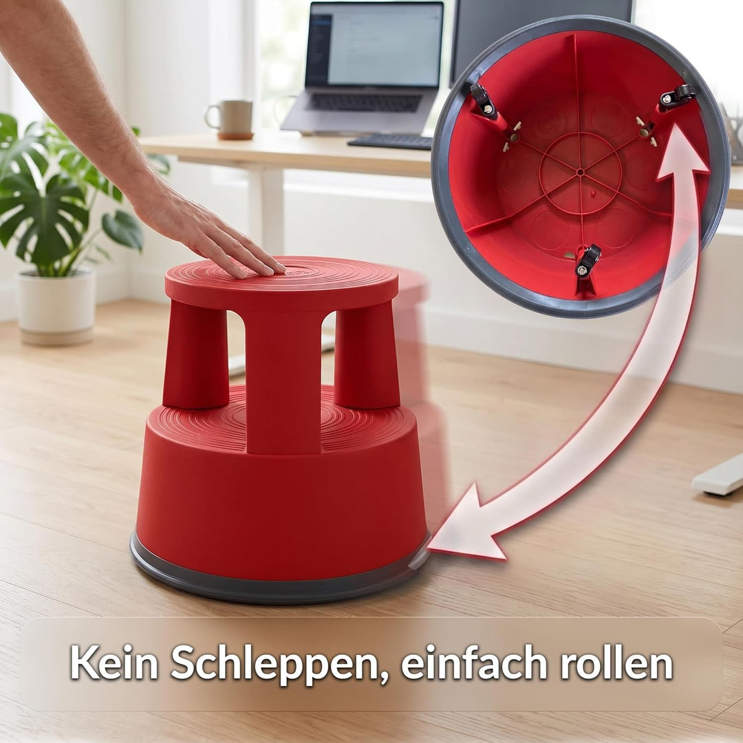 Office Marshal Rollhocker Kunststoff Elefantenfuss rot, Rutschfester Tritthocker mit Rollen, mobiler