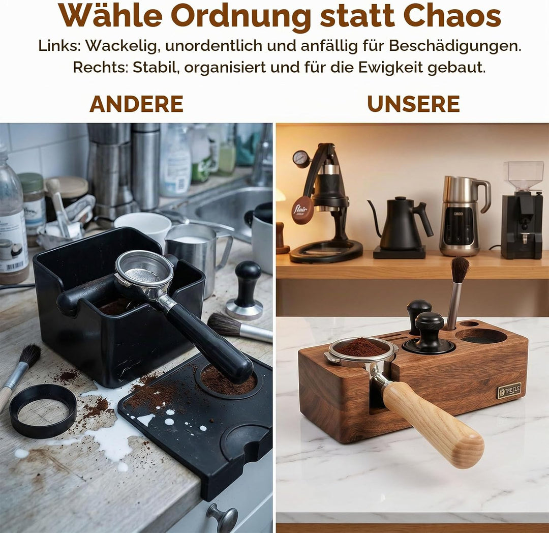Espresso Tamperstation 58mm Tamperstation mit Abklopfbehälter Holz | Coffee Tamping Station 5 Steckp